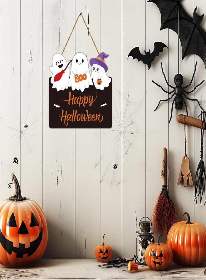 YUNKKIN Halloween Door Decorations Cute Ghost Decor Wreath Happy Halloween Sign Wooden Front Door Hanger Bat Ghost Hanging Sign Wreath for Wall Indoor Home Decor - Image 4
